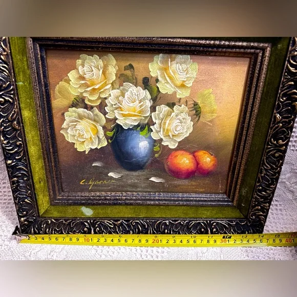 Original Oil Painting on Canvas “Roses In A Vase” Black & Gold Frame Signed